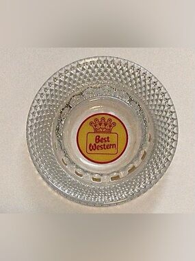 Vintage BEST WESTERN Motel 5" Cut Clear Glass ASHTRAY red + yellow crown logo